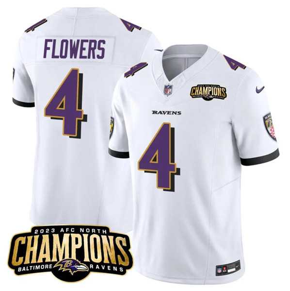 Men & Women & Youth Baltimore Ravens #4 Zay Flowers White 2023 F.U.S.E. AFC North Champions Vapor Limited Jersey